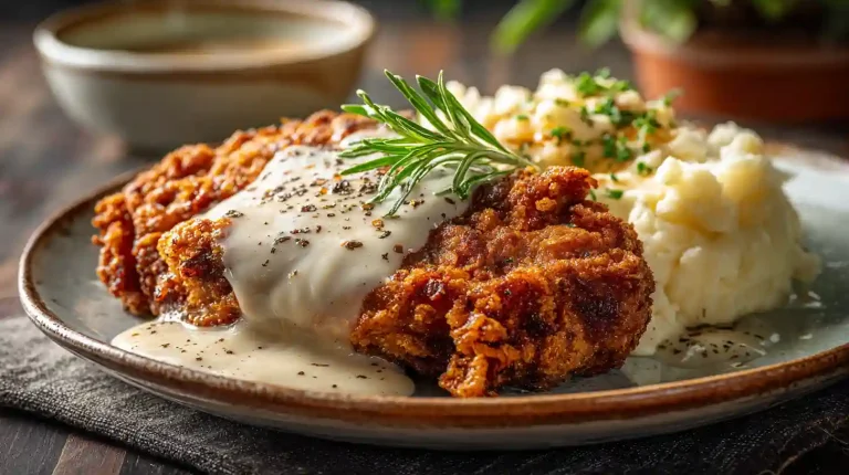 A crispy chicken fried steak served on a rustic plate with mashed potatoes and garnished with a sprig of fresh rosemary.