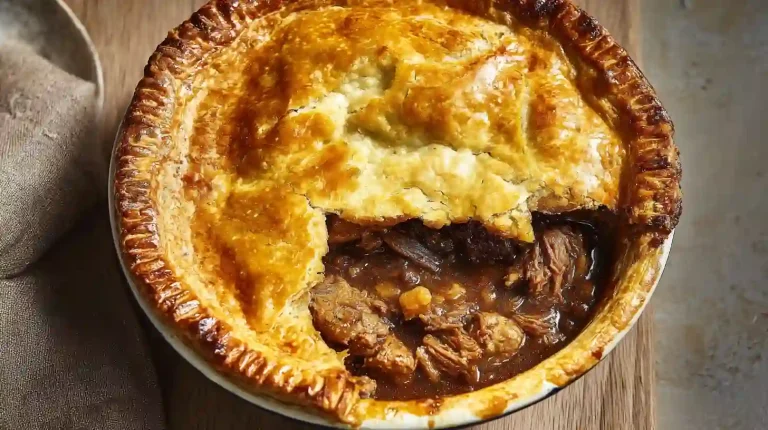 he perfect Gordon Ramsay Steak and Guinness Pie in a rustic dish, with its golden, flaky puff pastry crust broken to reveal the rich, dark, tender beef filling inside.