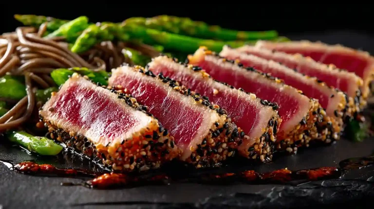 Perfectly sliced Gordon Ramsay tuna steak, fanned out on a dark plate, revealing a vibrant ruby-red rare center and a crisp black and white sesame seed crust, with asparagus and soba noodles in the background.