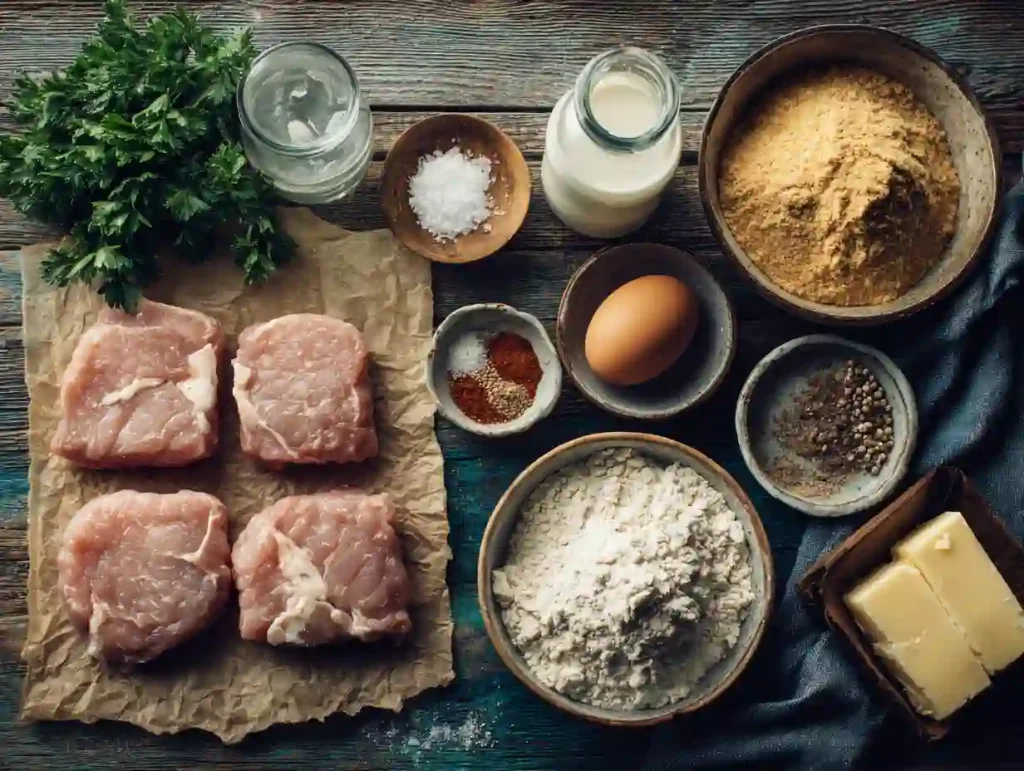 Gordon Ramsay Chicken Fried Steak: The #1 Secret to a Perfect Crust 4 Ingredients for cracker-crust of Gordon Ramsay Chicken Fried Steak, including pork steaks, flour, cracker crumbs, milk, egg, and butter, arranged on a dark surface.