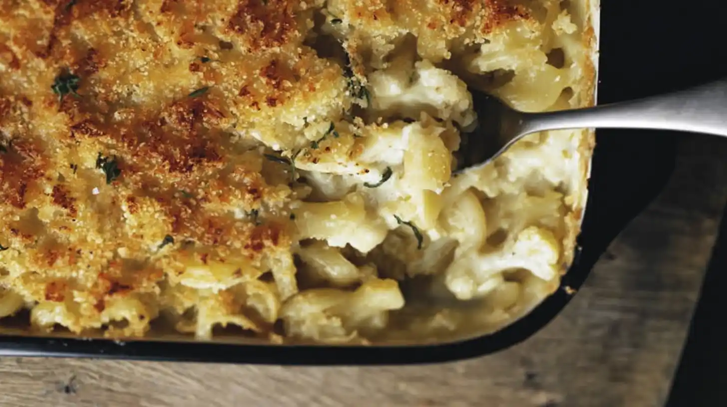 A close-up of a baked Gordon Ramsay Macaroni Cheese and Cauliflower Bake, with a spoon taking a creamy scoop from the dish, revealing the pasta and cauliflower under a golden, crispy breadcrumb topping.
