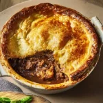 Recipe card image for the authentic Gordon Ramsay Steak and Guinness Pie, showing a single slice removed from the golden-baked pie.