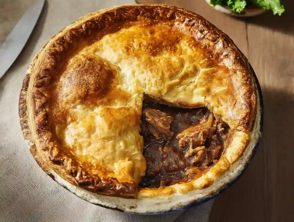 Gordon Ramsay Steak and Guinness Pie: The Method That Guarantees a Perfect Result 3 A serving shot of the Gordon Ramsay Steak and Guinness Pie on a wooden board, showing the rich texture of the braised beef and ale filling.