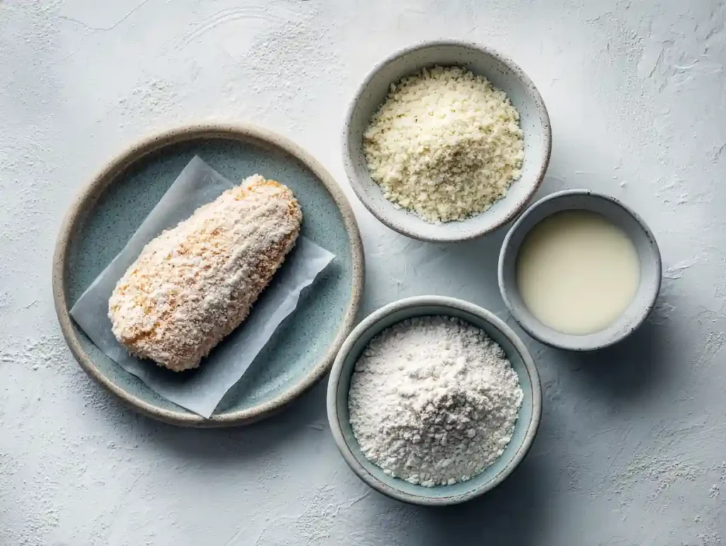 Gordon Ramsay Chicken Fried Steak: The #1 Secret to a Perfect Crust 5 Top-down view of a three-bowl dredging station with a breaded raw chicken steak on a white counter.