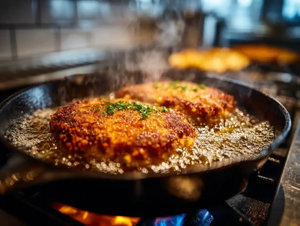 Gordon Ramsay Chicken Fried Steak: The #1 Secret to a Perfect Crust 6 Two chicken steaks frying in a steel skillet with hot oil.