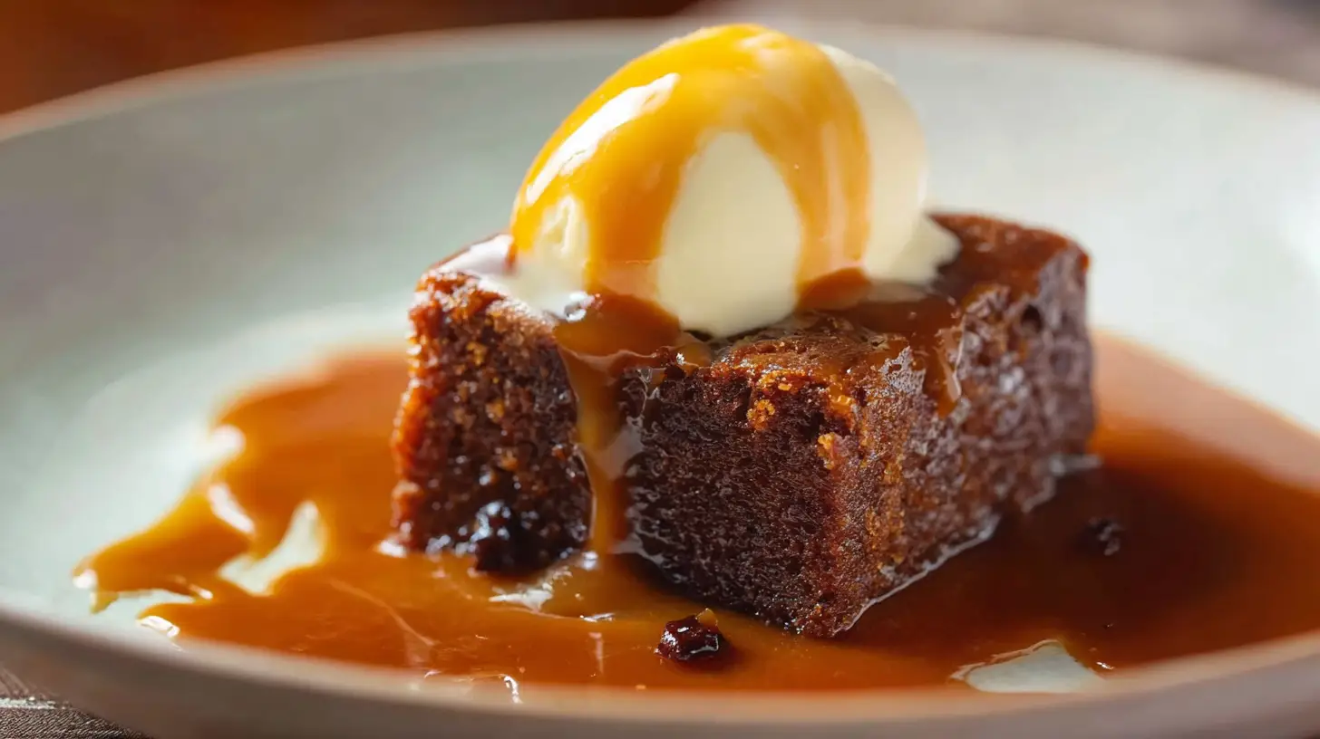 A perfect slice of Gordon Ramsay's Sticky Toffee Pudding, soaked in a pool of rich caramel sauce and topped with a melting scoop of vanilla ice cream in a rustic bowl.