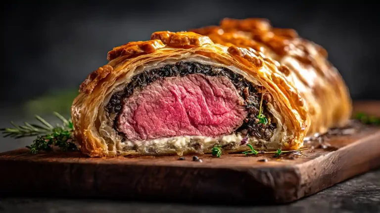 A perfect cross-section slice of Gordon Ramsay's Beef Wellington, showing the medium-rare beef, duxelles layer, and golden puff pastry.