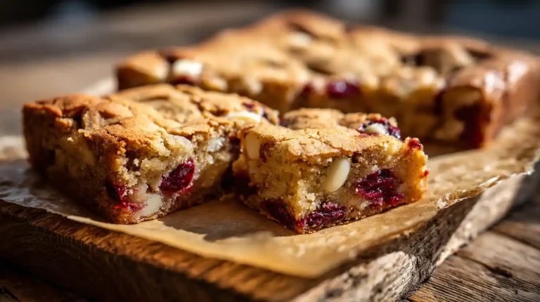 A slice of Gordon Ramsay's blondie, showing the chewy, gooey center with white chocolate and dried cranberries.