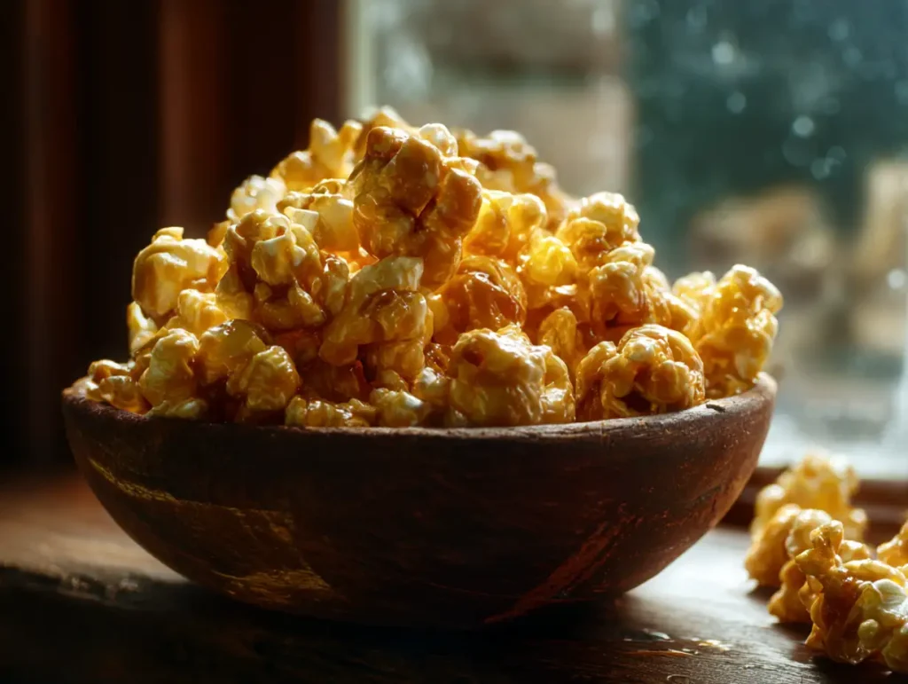 A handful of Gordon Ramsay caramel popcorn, ready to eat