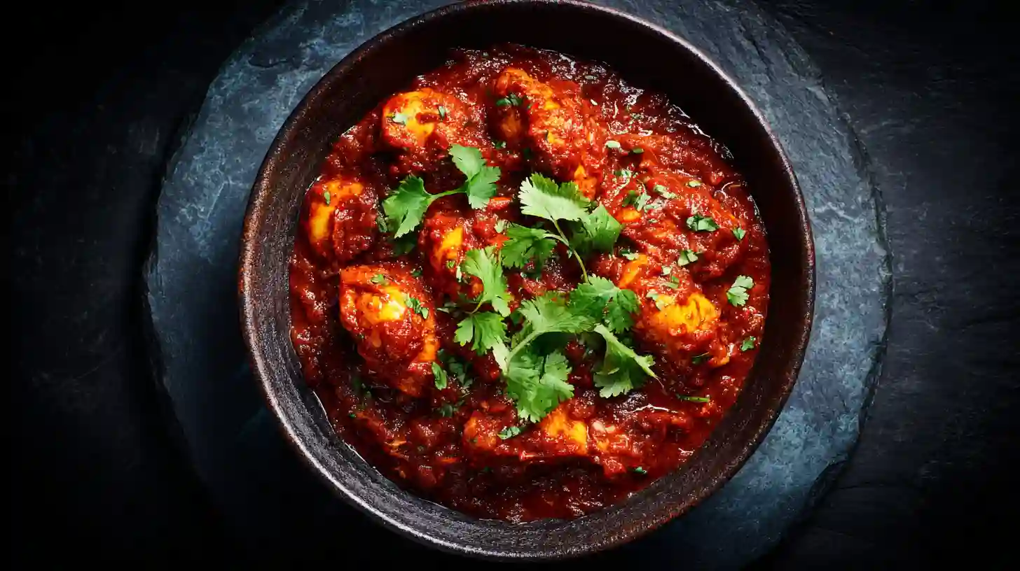 A professional shot of authentic Gordon Ramsay Chicken Madras in a ceramic bowl, showing the thick red sauce and fresh cilantro garnish.