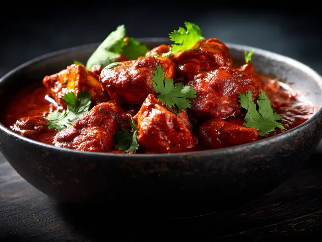 A serving of Gordon Ramsay Chicken Madras plated with fluffy basmati rice, showcasing the rich sauce.