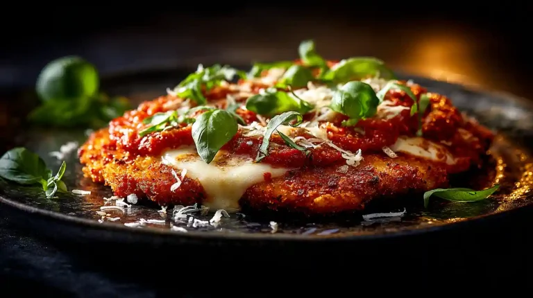 A crispy, golden-brown Gordon Ramsay chicken parmesan, cut open to reveal the juicy chicken, topped with melted mozzarella and fresh tomato sauce.