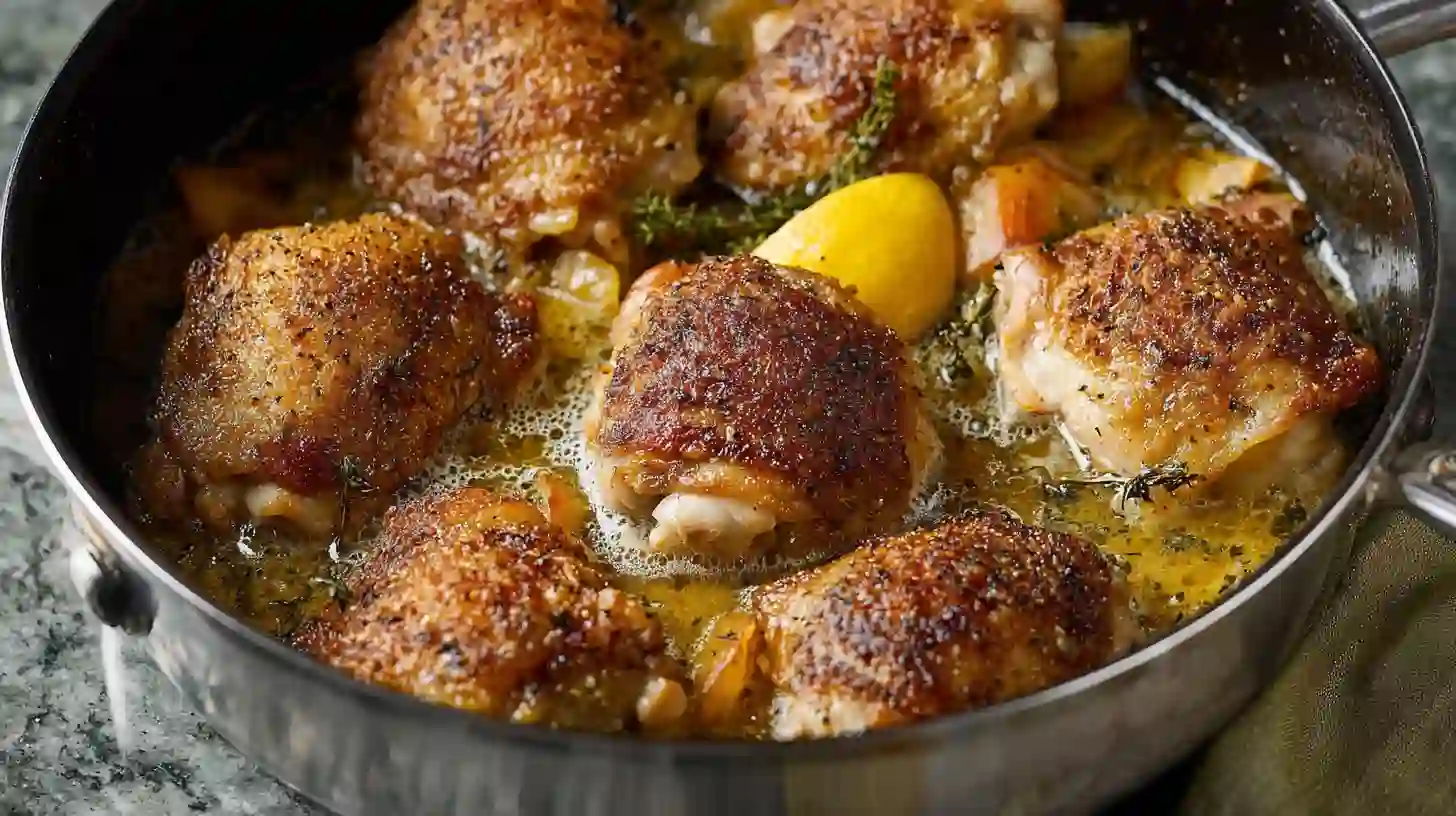 Gordon Ramsay-style crispy chicken thighs simmering with lemons, thyme, and butter