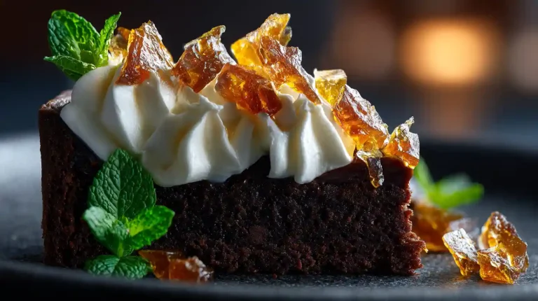 A slice of Gordon Ramsay's flourless chocolate mint cake, topped with peppermint cream and shards of golden mint caramel brittle.