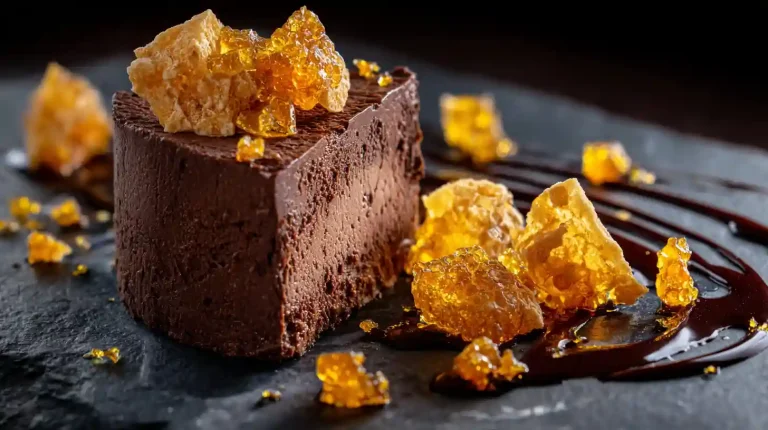 A dramatic close-up of a slice of Gordon Ramsay's chocolate semifreddo, topped with jagged pieces of golden honeycomb, showcasing its light, mousse-like texture.