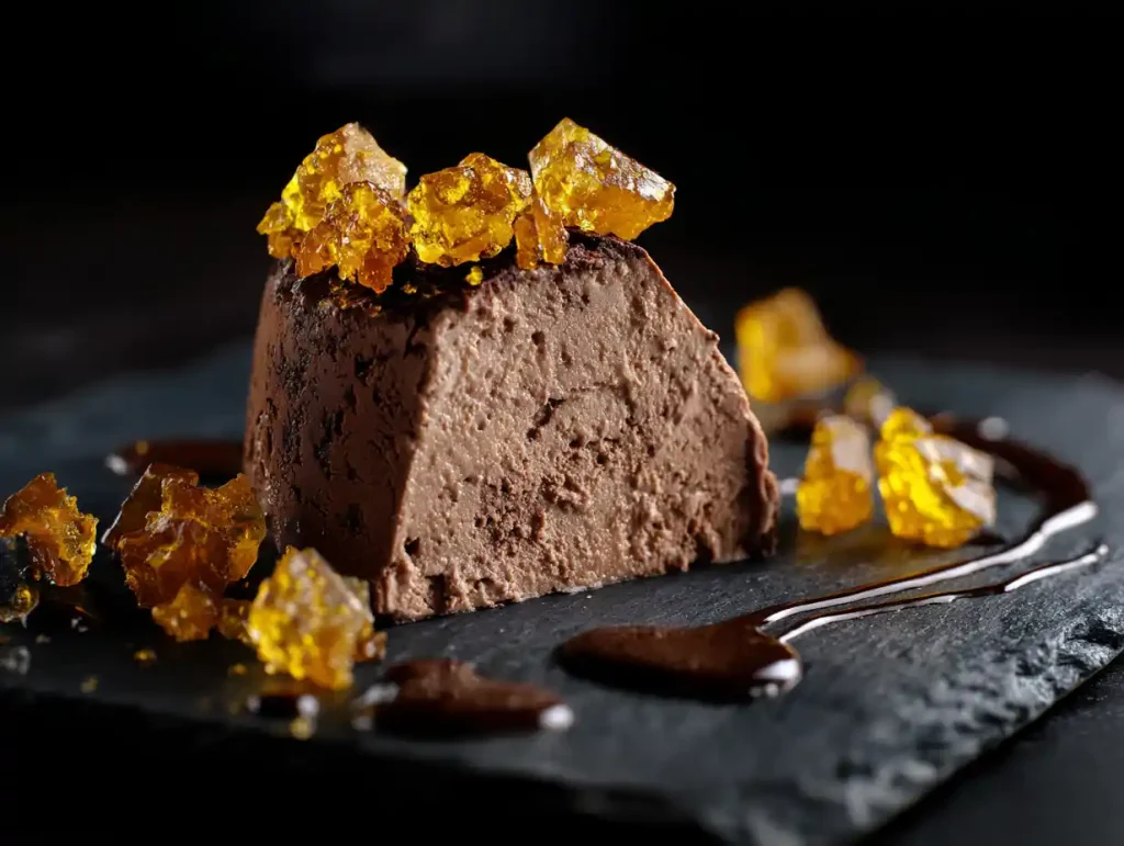 A slice of Gordon Ramsay's chocolate semifreddo served on a dark slate plate with extra honeycomb and a chocolate drizzle.