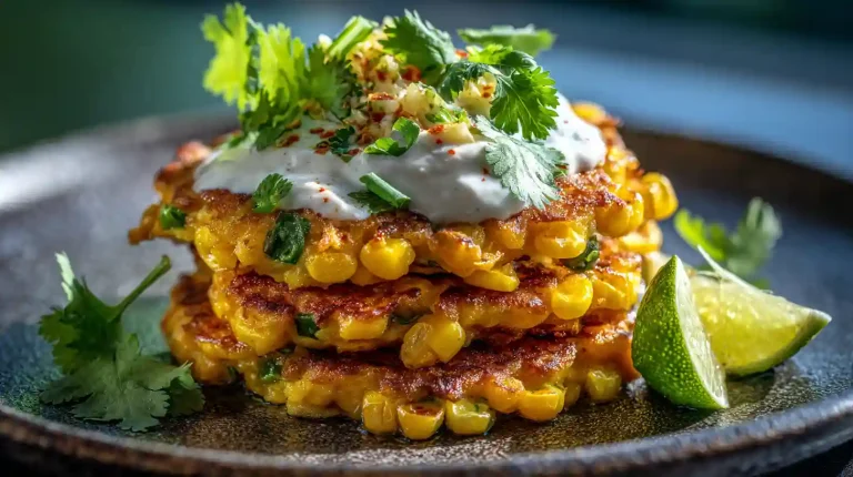 A stack of Gordon Ramsay's corn fritters, topped with chili-lime yogurt and fresh cilantro