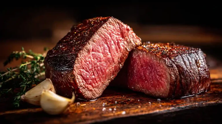 A perfectly cooked Gordon Ramsay filet mignon, sliced to reveal a medium-rare pink center and a dark, caramelized crust.
