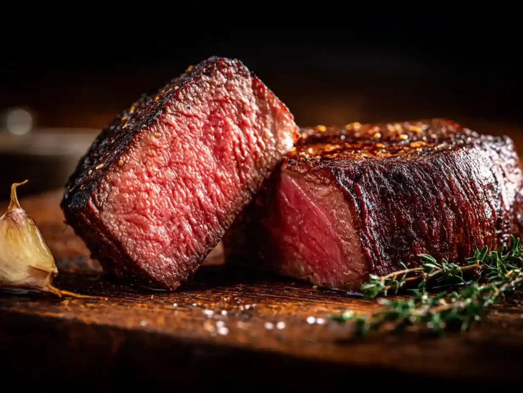 A close-up serving of Gordon Ramsay's filet mignon, highlighting the juicy, medium-rare texture.