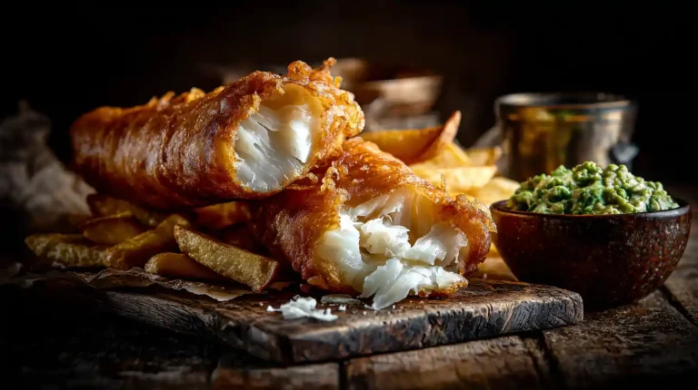 A piece of Gordon Ramsay's fish and chips being broken open to show the incredibly crispy batter and the flaky cod inside.