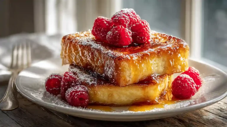 A stack of Gordon Ramsay's French toast, featuring a crispy, caramelized crème brûlée crust and fresh berries.