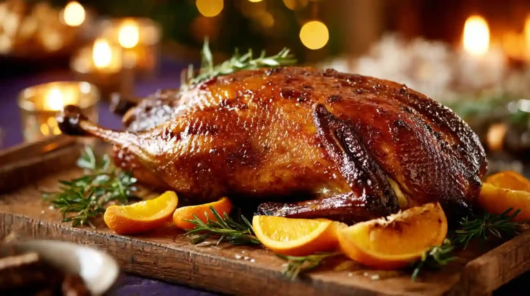 A perfectly roasted Gordon Ramsay goose, with crispy golden-brown skin, ready for Christmas dinner