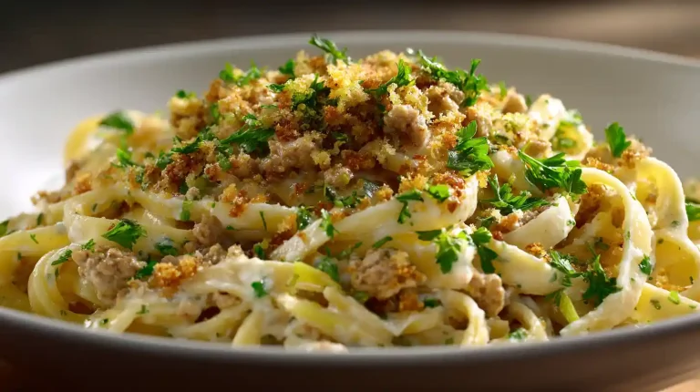 A close-up of a rustic bowl filled with creamy Gordon Ramsay ground turkey pasta, made with tagliatelle and topped with a generous amount of crispy, golden-brown sage and parsley breadcrumbs.