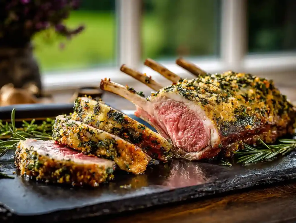 A single lamb chop, showing the perfect medium-rare center from the herb crusted rack of gordon ramsay herb crusted lamb recipe.