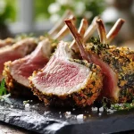A close-up view of the golden-brown, textured herb crust on a rack of lamb, proving the crust did not slide off