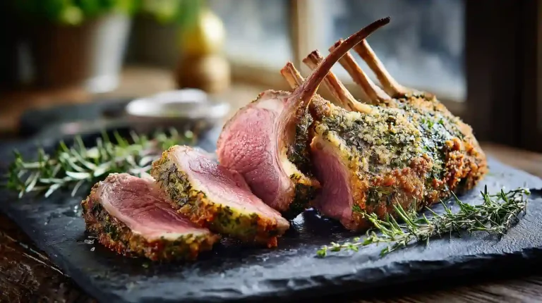 A perfectly cooked Gordon Ramsay herb crusted rack of lamb, plated on a slate board and sliced into chops to show a pink center.