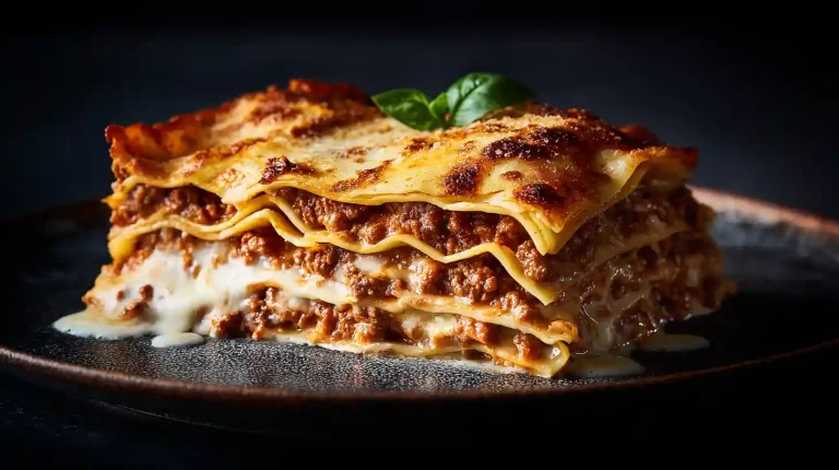 A tall, clean slice of Gordon Ramsay's lasagna bolognese on a rustic plate, showing distinct layers of pasta, meat sauce, and béchamel.