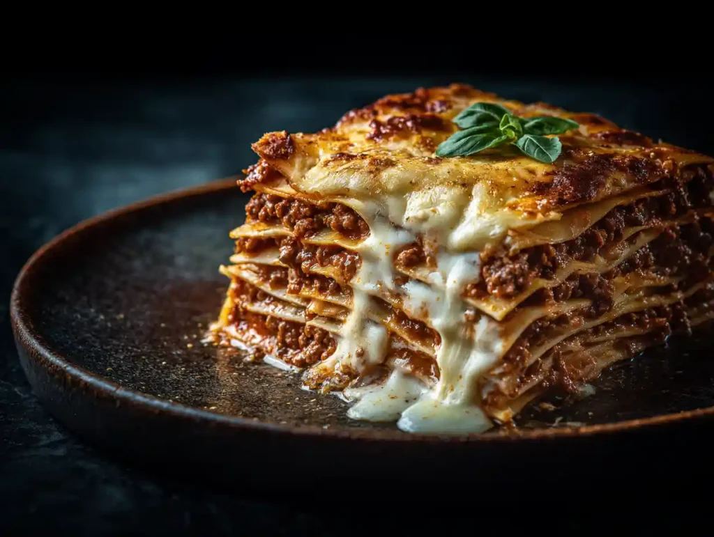 A serving of Gordon Ramsay's lasagna on a plate, garnished with fresh basil and ready to eat.