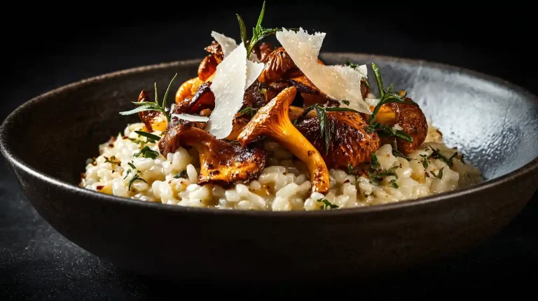 A bowl of creamy Gordon Ramsay mushroom risotto, topped with seared wild mushrooms and Parmesan shavings, on a dark background.