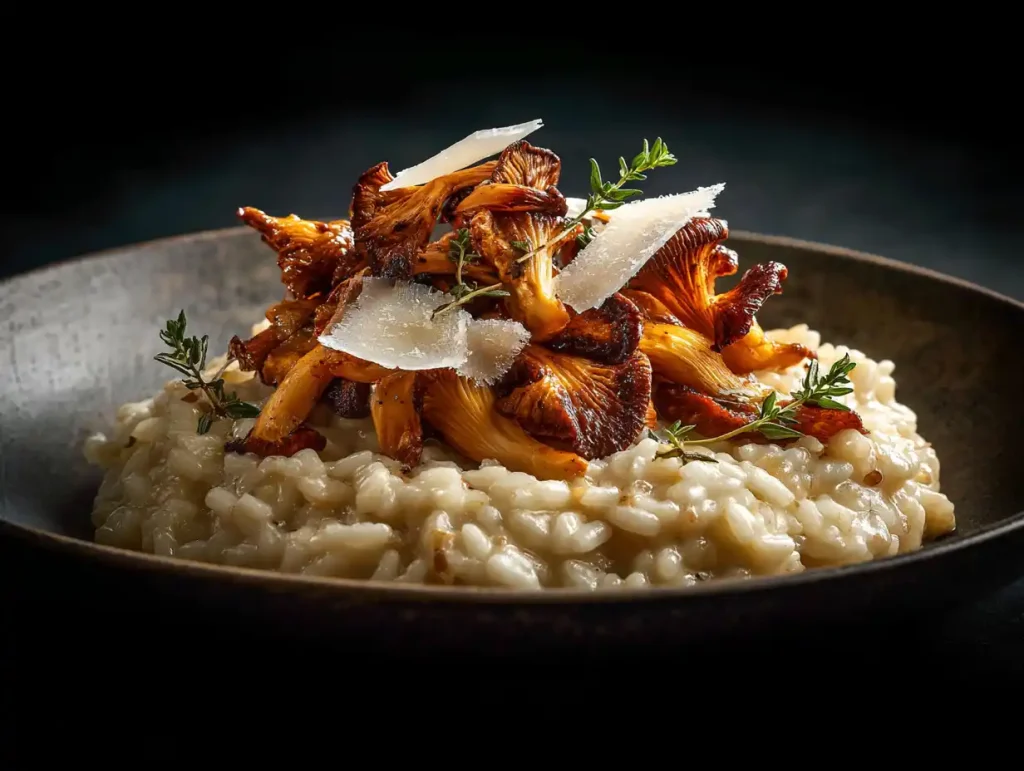 A serving of Gordon Ramsay's mushroom risotto in a rustic bowl, showcasing the creamy texture.