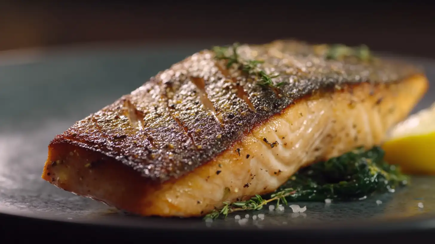 A fillet of Gordon Ramsay's pan-fried salmon, served skin-side up on a dark plate, showcasing the perfectly golden, crispy, and scored skin.