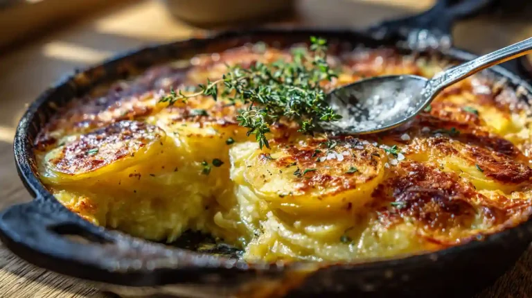 A dish of Potatoes Boulangère made in the Gordon Ramsay style, with a crispy, golden-brown top and neatly layered potatoes.
