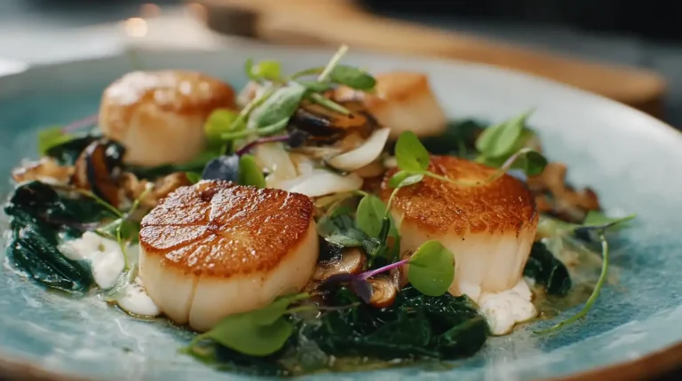 Gordon Ramsay–style scallops plated in a perfect ring with mushroom and spinach base on a white plate