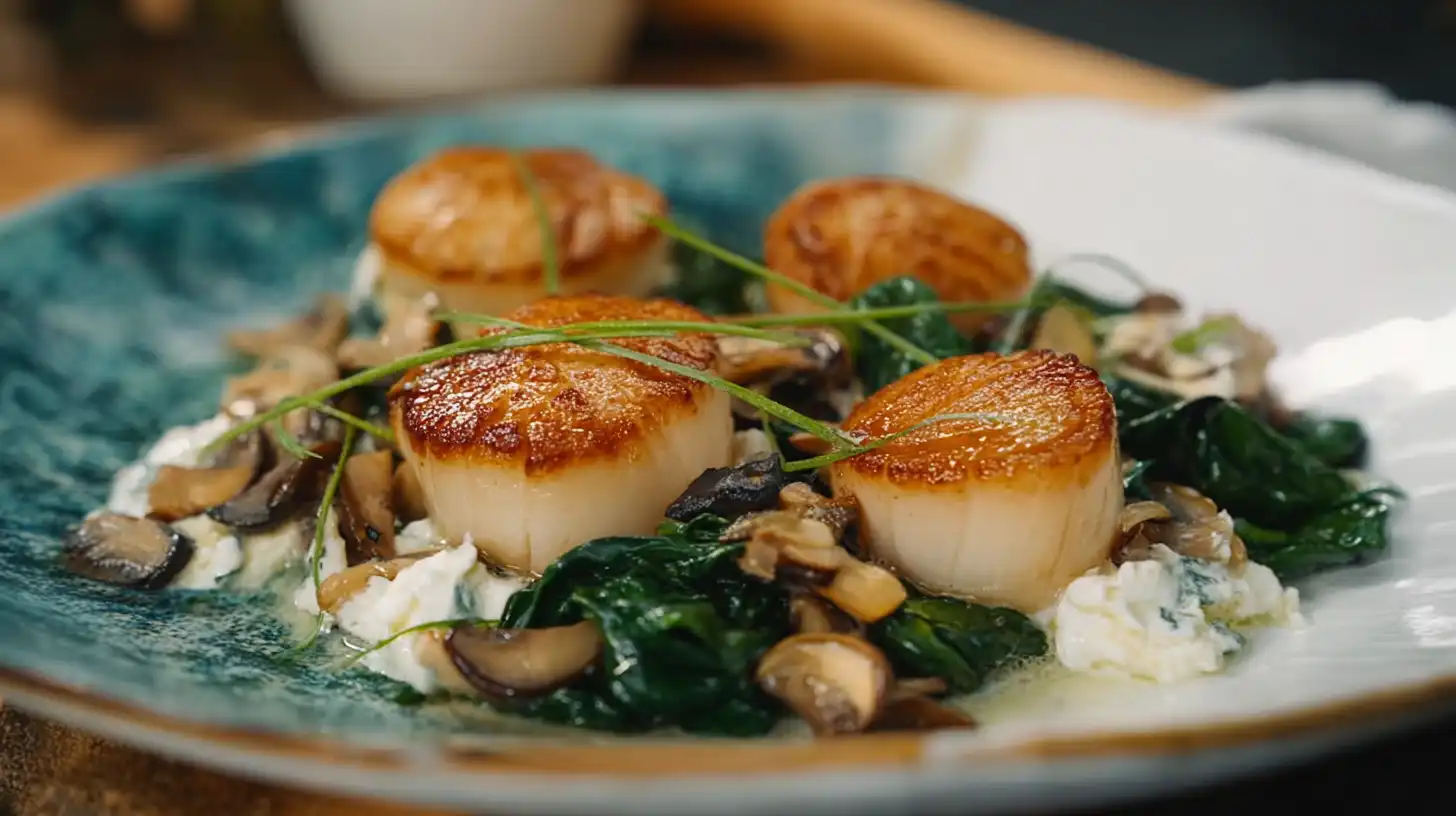 A close-up of four perfectly seared scallops with a golden-brown crust, served over spinach and mushrooms on a rustic plate, representing Gordon Ramsay's seafood recipes