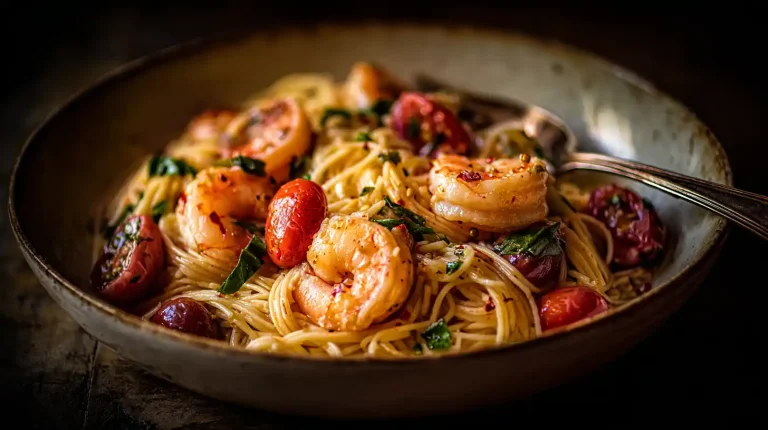A bowl of Gordon Ramsay's shrimp scampi, with plump pink shrimp, blistered cherry tomatoes, and fresh basil over capellini pasta.