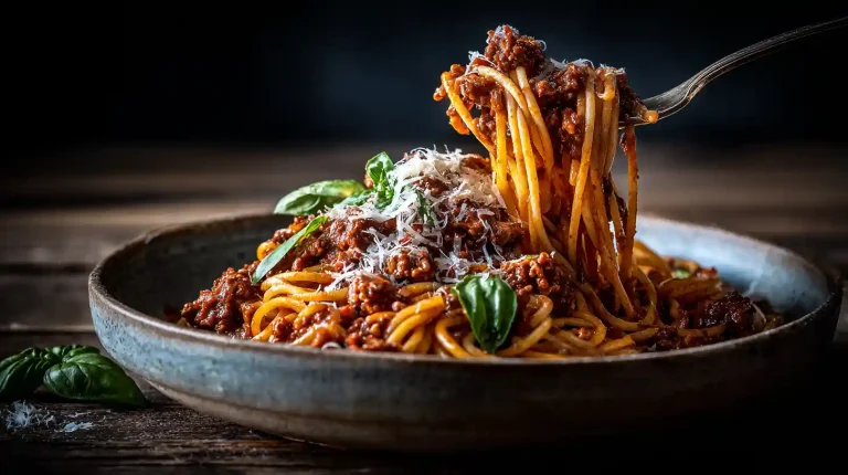 A bowl of Gordon Ramsay's Spaghetti Bolognese, showing the rich meat sauce perfectly tossed with spaghetti
