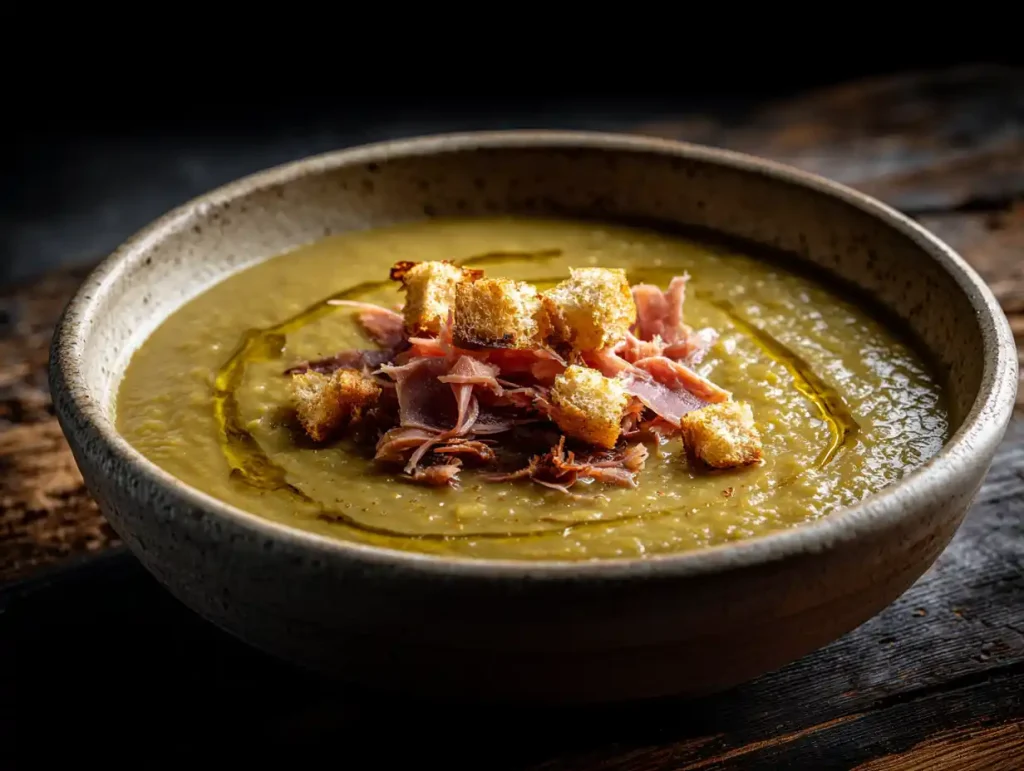 A serving of Gordon Ramsay's split pea and ham soup in a rustic bowl, ready to eat