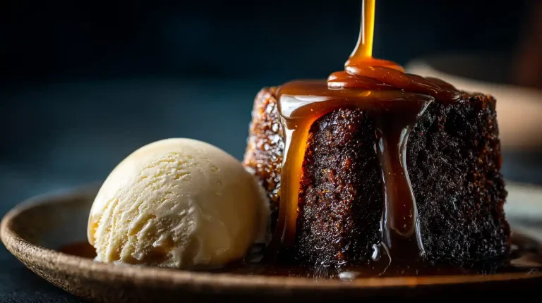A warm Gordon Ramsay sticky toffee pudding being covered in a cascade of hot toffee sauce, served with melting vanilla ice cream.