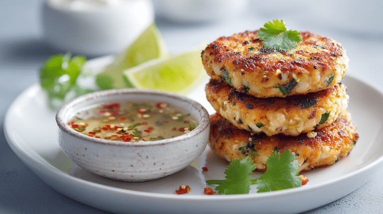 hree golden-brown Gordon Ramsay tuna cake patties stacked on a white plate with a side of spicy dipping sauce.