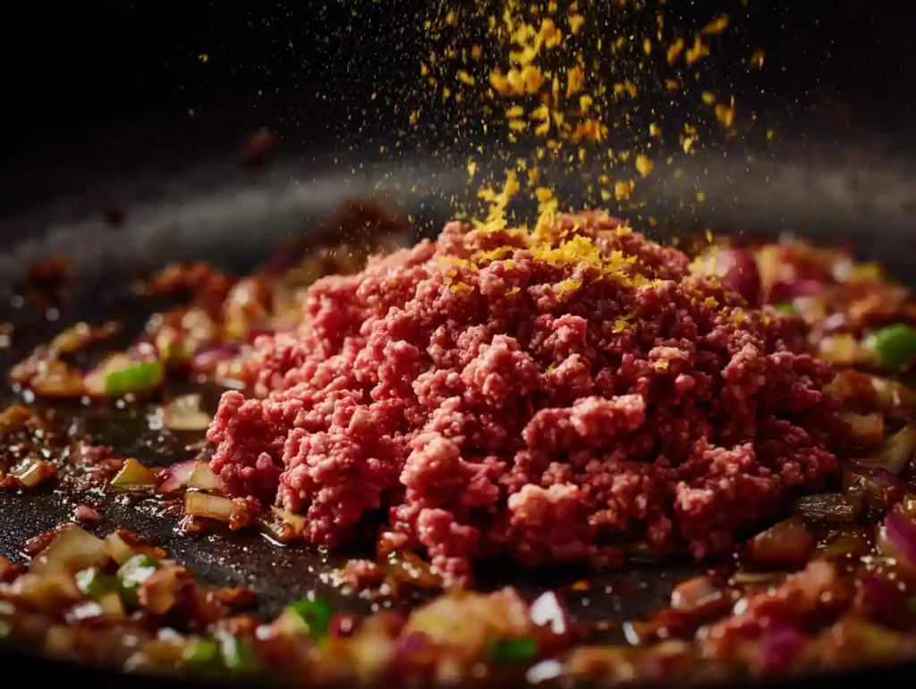 Step-by-step photo showing the authentic Ramsay technique: raw ground turkey is crumbled over a bed of caramelized leeks in a hot skillet, with fresh lemon zest being sprinkled on top.