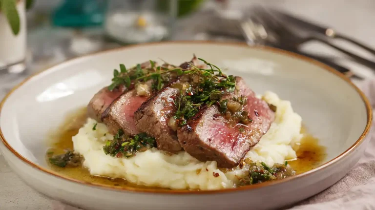 A perfectly cooked Gordon Ramsay steak, sliced to reveal a medium-rare center, served over creamy mashed potatoes and generously topped with a fresh herb sauce on a rustic plate.