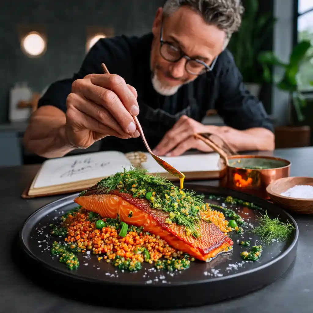 Overhead view of a chef's hands carefully plating a pan-seared salmon dish with crispy skin, drizzling a vibrant green herb sauce for the final presentation.