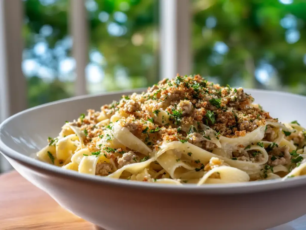 A beautiful serving of creamy turkey tagliatelle piled high in a modern white dish, showcasing the layers of pasta, sauce, and the crispy breadcrumb and parsley topping.