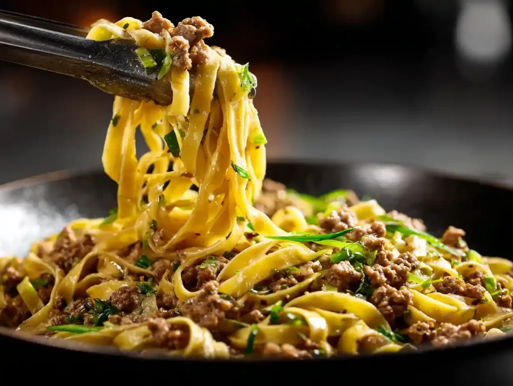 An action shot showing tongs lifting and tossing freshly cooked tagliatelle with a creamy turkey and leek sauce in a dark skillet. The glossy sauce is visibly clinging to every noodle.