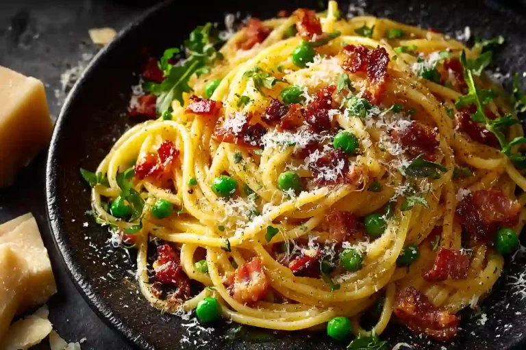 Gordon Ramsay carbonara plated with bacon, peas, and creamy sauce