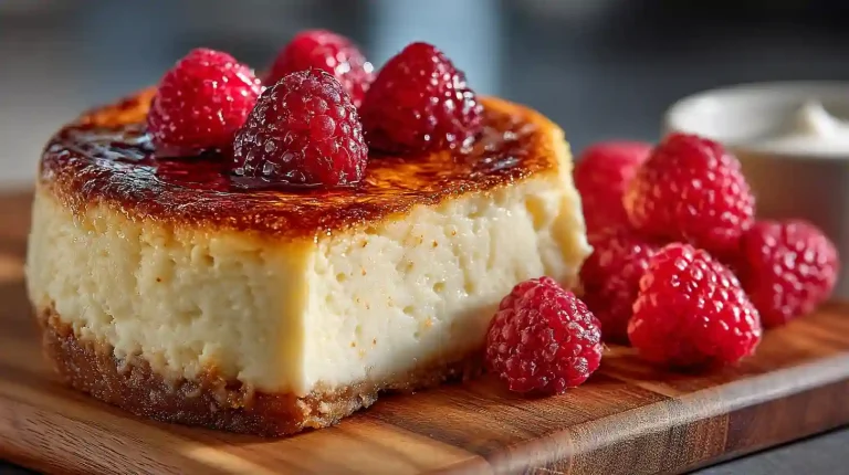Gordon Ramsay Cheesecake with raspberries on wooden board